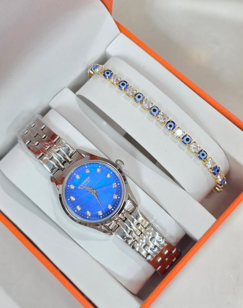 Curren Blue Dial Watch and Evil Eye Bracelet Giftset