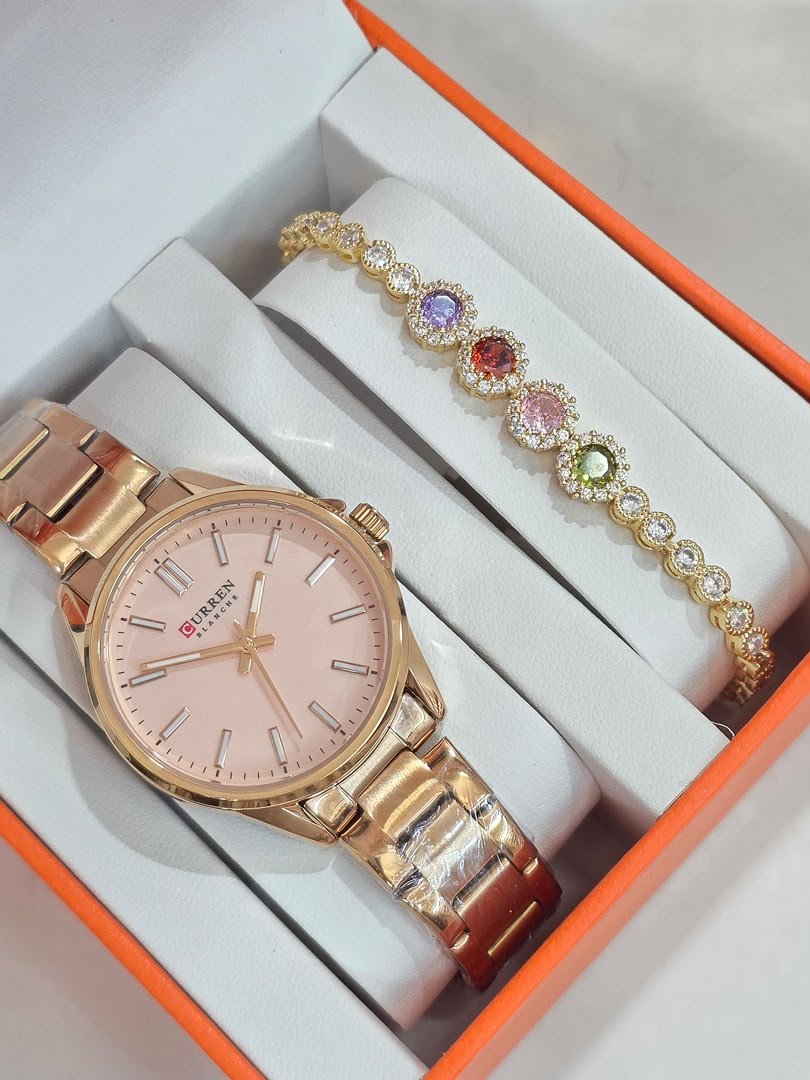 Curren Rose Gold Watch and Stone Bracelet Giftset