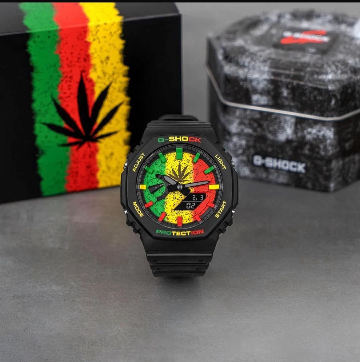 G-Shock Red, Gold and Green Leaf Print Sport Watch